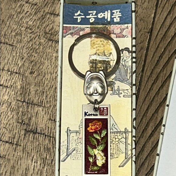 Silver Tone Korean Mask Keychain with Flower 🌺 Tag In Box 🗃️ engraved back Korea - Picture 17 of 17